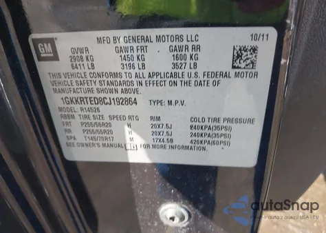 2012 GMC Acadia Denali z USA, uszkodzony, nr VIN 1GKKRTED8CJ192864